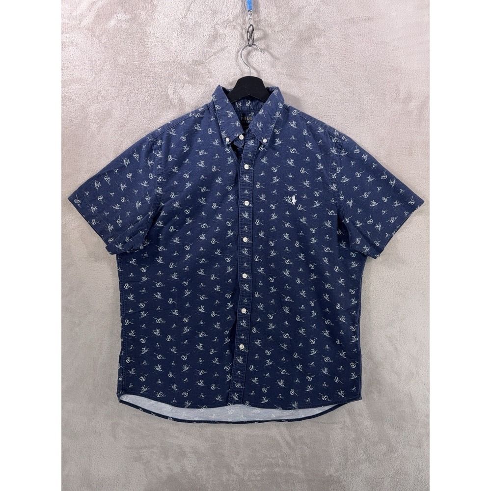 Polo Ralph Lauren Button Down Shirt Mens Large Blue Anchor Print Chambray Cotton